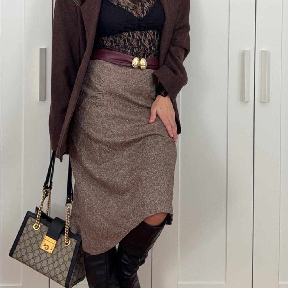 VTG Banana Republic Italy Wool Silk Tweed Midi Skirt Sz 0 Brown Old Money